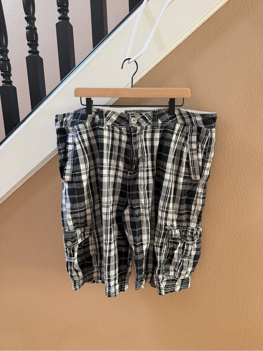 Buckle Black and White Plaid Cargo Shorts